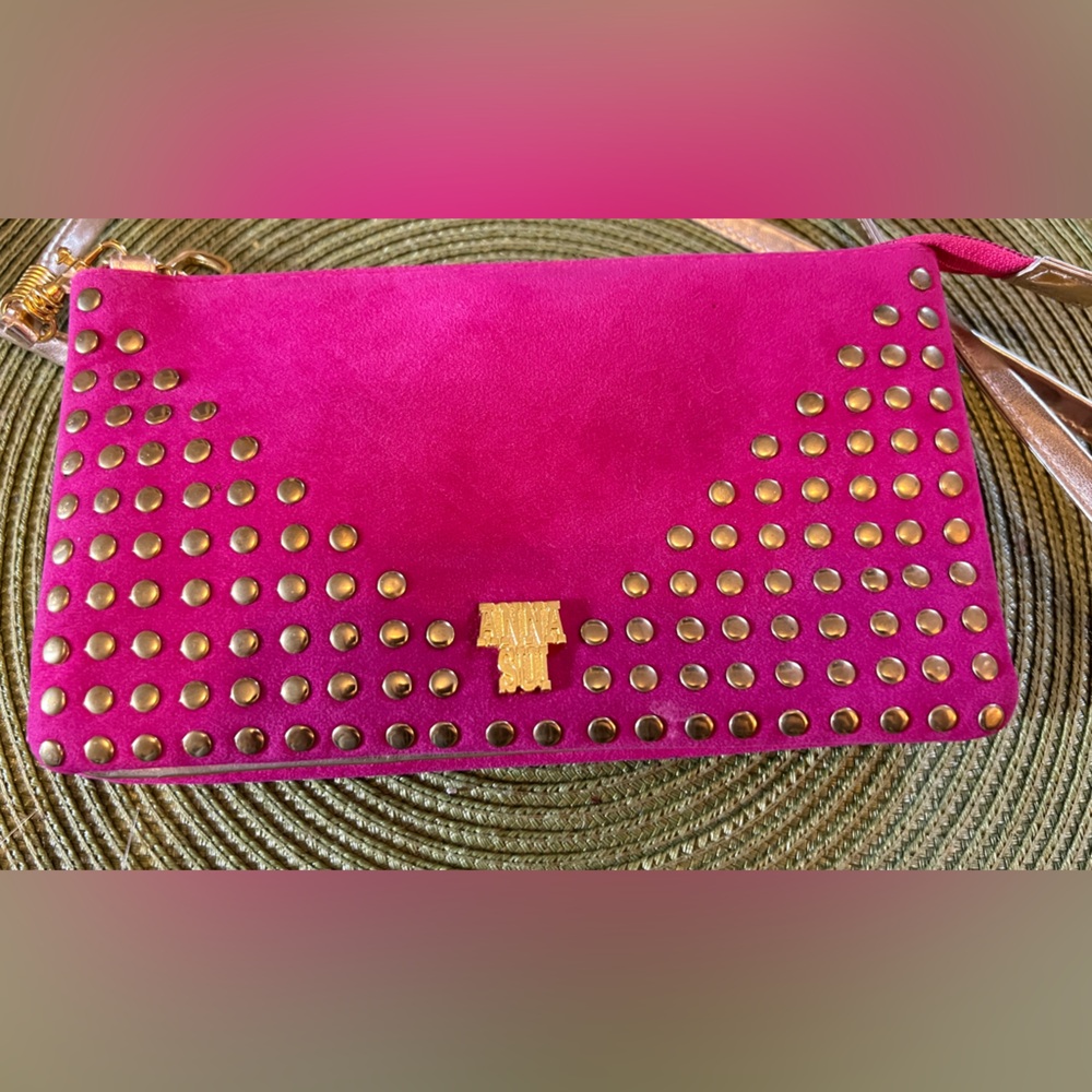 Anna Sui. Studded Pink Clutch, gold accent shoulder, and hand strap